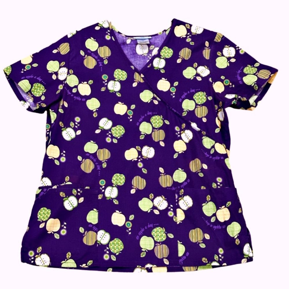 SB Scrubs Women's Top Size Medium Purple with Green Apples a Day V Neck Pockets